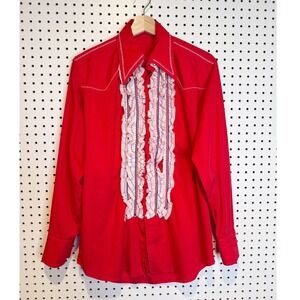 Vintage Red Western Ruffle Tuxedo Shirt Pearl Snaps Contrast Stitching Mens